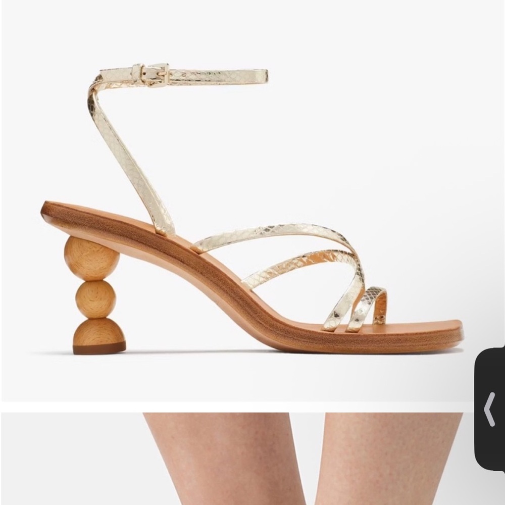 Gold Heels with Sculptural Wooden Heel Design